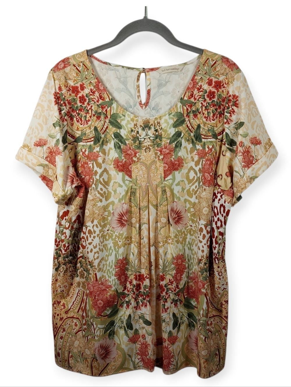 Soft Surroundings Cusabo Floral Top Women's Large Short Sleeve Soft Stretch